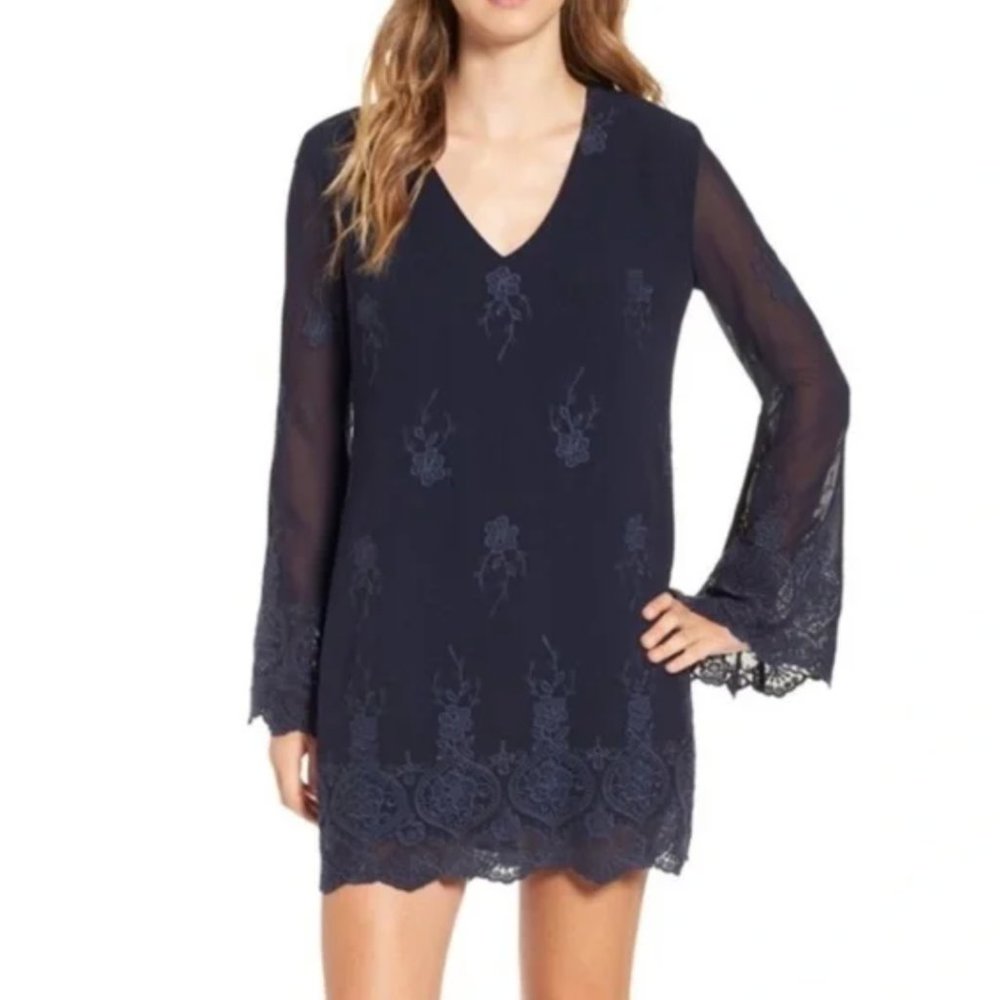 WAYF Halifax Floral Embroidered Bell Sleeve Dress in Navy Medium
